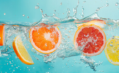 Slices of citrus fruits splashing into water against a blue background.