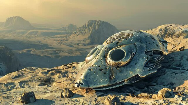 Alien spacecraft crash-landed in rocky desert terrain under hazy sky