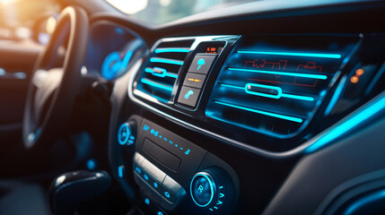 Car dashboard with illuminated controls and futuristic design.