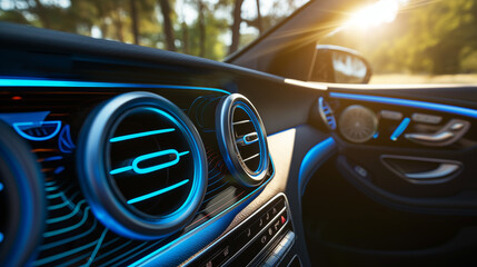Car dashboard with illuminated controls and futuristic design.