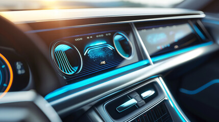 Car dashboard with illuminated controls and futuristic design.