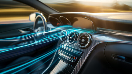 Car interior with futuristic air flow visualization.