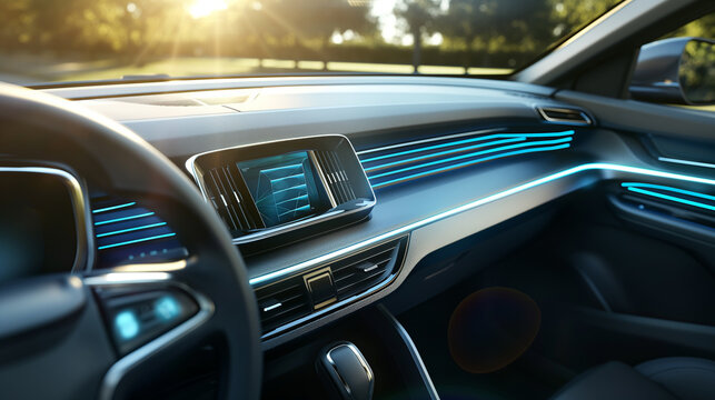 Car dashboard with illuminated controls and futuristic design.