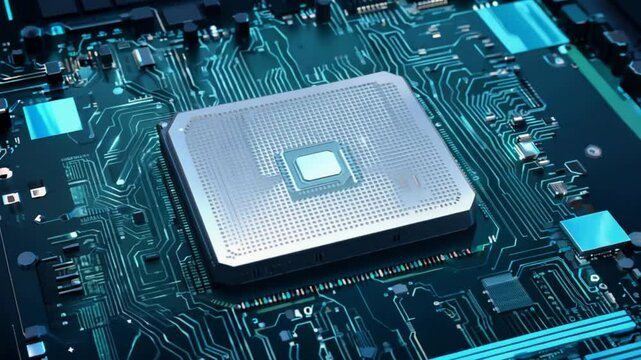 A computer processor with millions of connections and signals. Technology cpu background. Pulses and signals from the chip propagate through the motherboard. 3d animation.