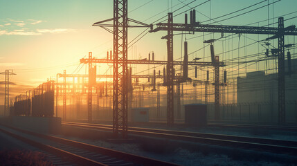 Electrical substation with transformers and power lines at sunrise.