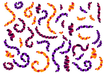 Obraz premium Purple and orange confetti, ribbon banner, isolated on white background. Celebration Event, Birthday, Halloween Party elements. Vector graphic. EPS 10