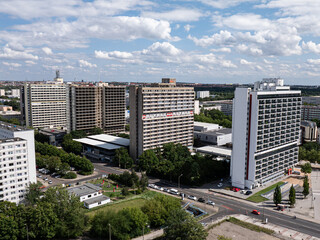 New building blocks 5 Discs in Halle Neustadt. Landmark of the district. Discs A, B, C, D and E. District of Halle Saale celebrates 60 years anniversary. Partially renovated residential buildings.
