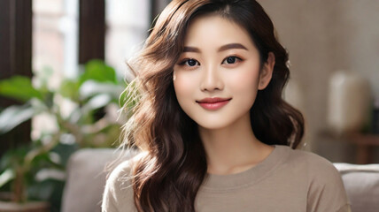 Portrait of beautiful Asian woman wearing beige sweater relaxing in her apartment full of houseplants.	