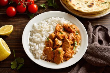Butter chicken with basmati rice on plate on wooden table