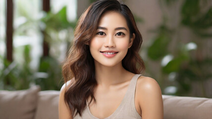 Fototapeta premium Portrait of beautiful Asian woman wearing beige sweater relaxing in her apartment full of houseplants. 
