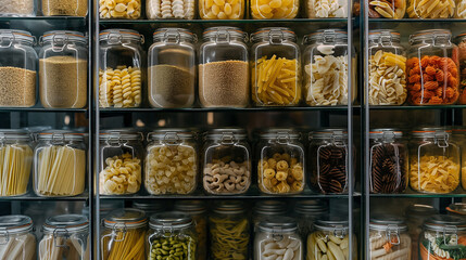 Pantry shelves stocked with jars of dried food items.