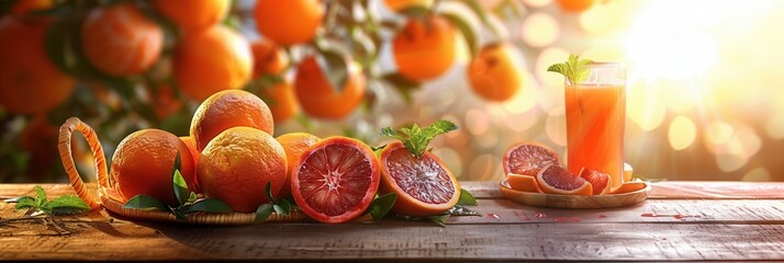 Fresh red blood orange fruit with glass of juice on wooden table with trees in plantation farm field
