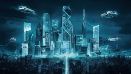 A high-tech cityscape featuring holographic advertisements and flying cars, creating a vision of the future.
