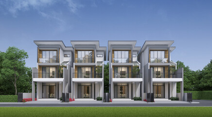 Modern town house exterior day light.3d rendering