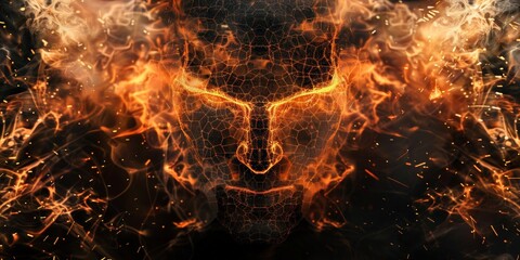 The blazing digital face surrounded by fiery smoke and sparks, representing the fusion of technology and fire, artificial intelligence concept
