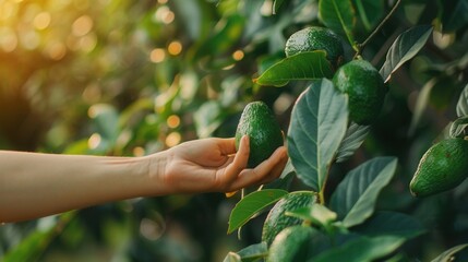 Fototapeta premium Hand picking avocado fruit in plant in plantation farm field