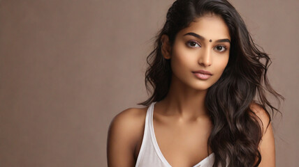 Fototapeta premium Close up portrait of beautiful Indian female model in 20s with perfect glowy skin