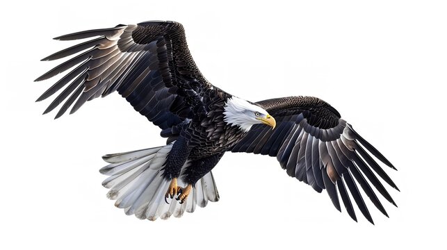 A stunning image capturing a bald eagle in mid-flight, showcasing its powerful wings and intense gaze.