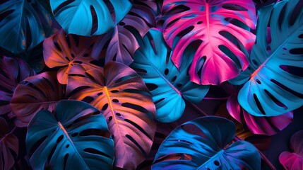 Creative layout featuring fluorescent colors made from tropical leaves Flat lay design emphasizing neon colors centered around a nature concept