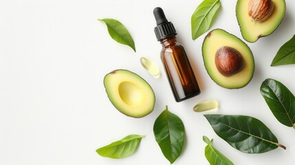 A bottle of avocado essential oil extract with avocado fruits, leaf. White background