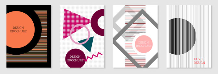 Set of cover design in Memphis style. Geometric design, abstract background. Fashionable bright cover, banner, poster, booklet. Creative colors.