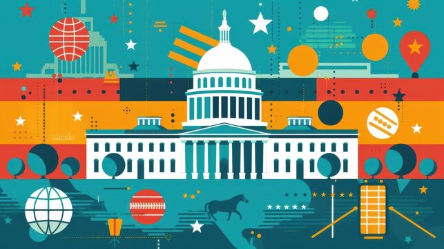 Intersection of politics and sports close up on political and sports symbols on government building backdrop