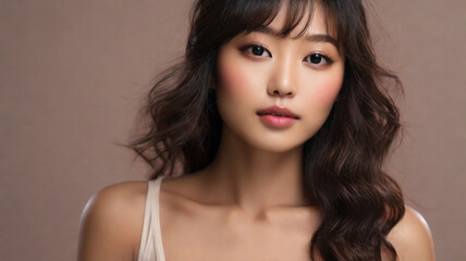 Fototapeta premium Studio portrait of gorgeous Asian young woman with fresh glowy skin, subtle make up and healthy wavy hair with bangs