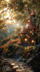 Fototapeta premium Fantasy fairytale castle cottage with lights on. Magical mini castle diorama. Miniature 3D immersive enchanted world.