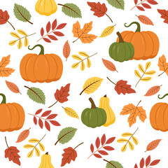 Seamless pattern with autumn leaves and pumpkins. Falling leaves. Autumn botanical background.Autumn harvest. For design of banners, fabrics, textiles, wallpaper. Vector illustration