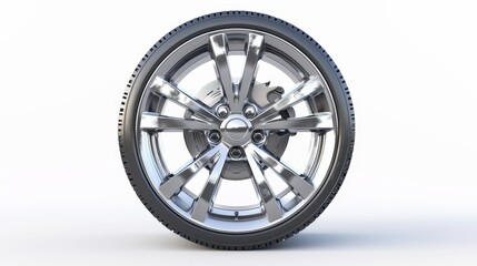 Obraz premium Car wheel with a shiny rim on a white background, isolated from front view. 3D rendering. 