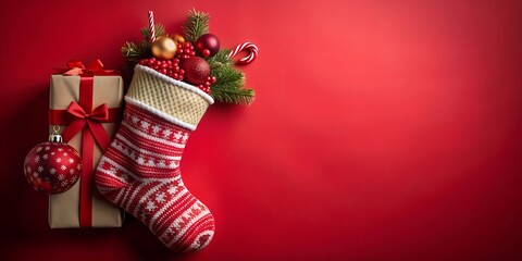 Image of christmas gifts in christmas stocking and copy space on red background