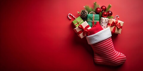 Image of christmas gifts in christmas stocking and copy space on red background