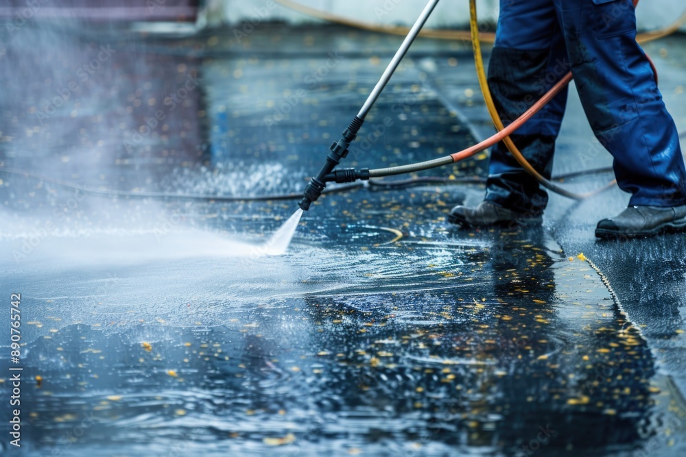 Poster a person using a hose to clear water from a wet sidewalk, suitable for use in urban or cityscape sce