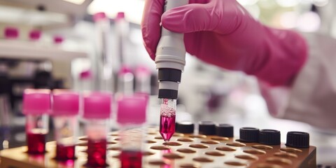 Innovative scientist in pink gloves conducting advanced medical research, utilizing pipette to add vibrant red liquid to test tubes in modern laboratory setting.