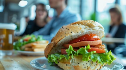 Dynamic business professionals enjoying casual lunch in modern office cafe, featuring fresh sandwiches and beverages, diverse group in stylish attire, collaboration and connection theme.