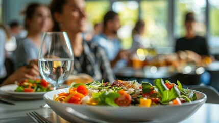 Diverse coworkers enjoying delicious meal during busy lunch break in modern office cafeteria, vibrant salads and pasta, casual outfits, lighthearted atmosphere, teamwork celebration.