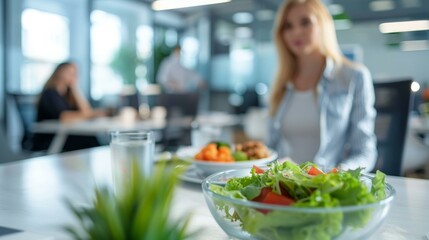 Engaged female coworker enjoying healthy meal with fresh salad at office cafeteria, surrounded by focused colleagues, fostering teamwork during lunch break. Copy space.