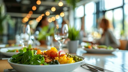 Dynamic coworkers enjoying colorful salad meals during business lunch in modern office cafeteria, diverse group engaged in conversation, friendly atmosphere. Copy space.