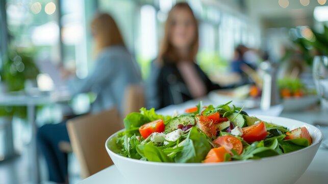 Lively coworkers enjoying healthy business lunch with fresh salad, diverse group of individuals, bright office cafeteria, casual attire, focus on teamwork and camaraderie.