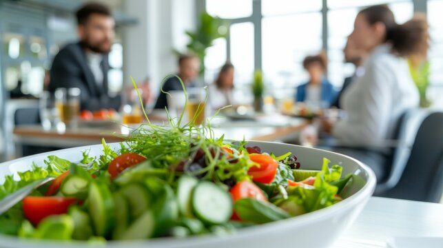 Professional coworkers sharing healthy lunch in modern office cafeteria, vibrant salad, diverse team, casual business attire, collaborative environment, meal break, workplace camaraderie.