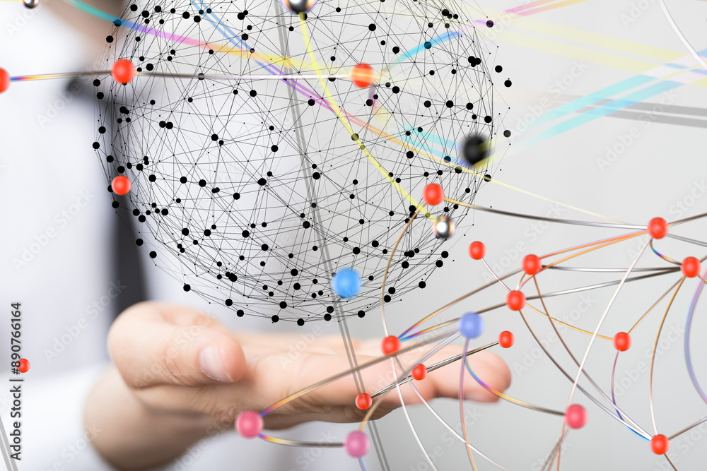 Poster Neural network 3D illustration. Big data and cybersecurity - 3d