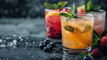 A vibrant array of refreshing summer cocktails featuring fresh fruits and mint, served in elegant glasses with a beautiful bokeh background, perfect for a relaxing summer day.