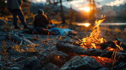 Close up  cinematic, focus on a camping trip in the mountains, campfire