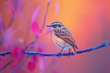 Fototapeta premium A small bird sits perched on a branch of a tree, enjoying the surroundings