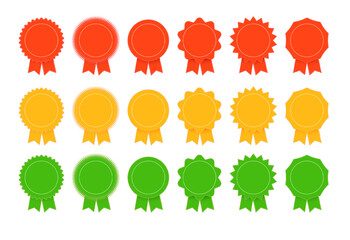 Medal set with ribbon. Trophy award badges, achievement flat label. Vector