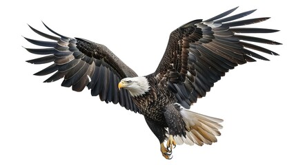 A stunning image capturing a bald eagle in mid-flight, showcasing its powerful wings and intense gaze.