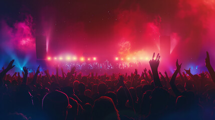 Enthusiastic Concert Crowd Bathed in Colorful Lights