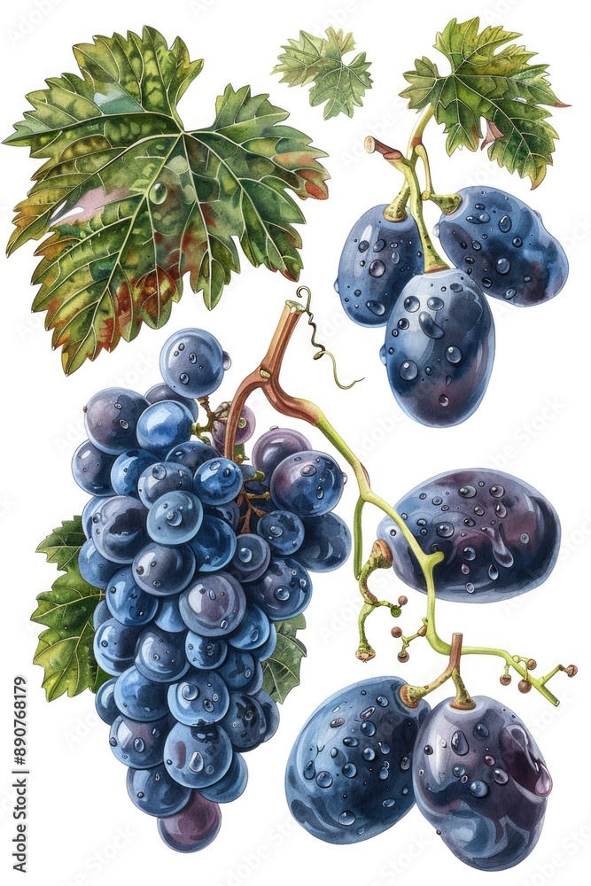 Poster a cluster of blue grapes hanging from a natural branch
