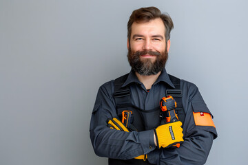 Happy man with construction tool on color background. Labor Day.
