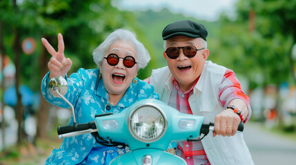 Naklejka premium Elderly Couple Riding on scooter
